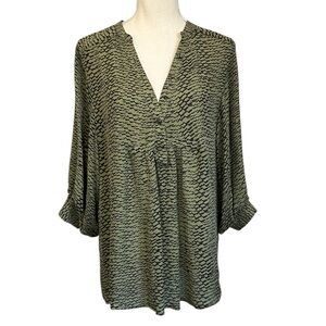 Gemma Bloomingdale’s Green Black Mandarin Collar Buttoned Blouse Women’s Size M